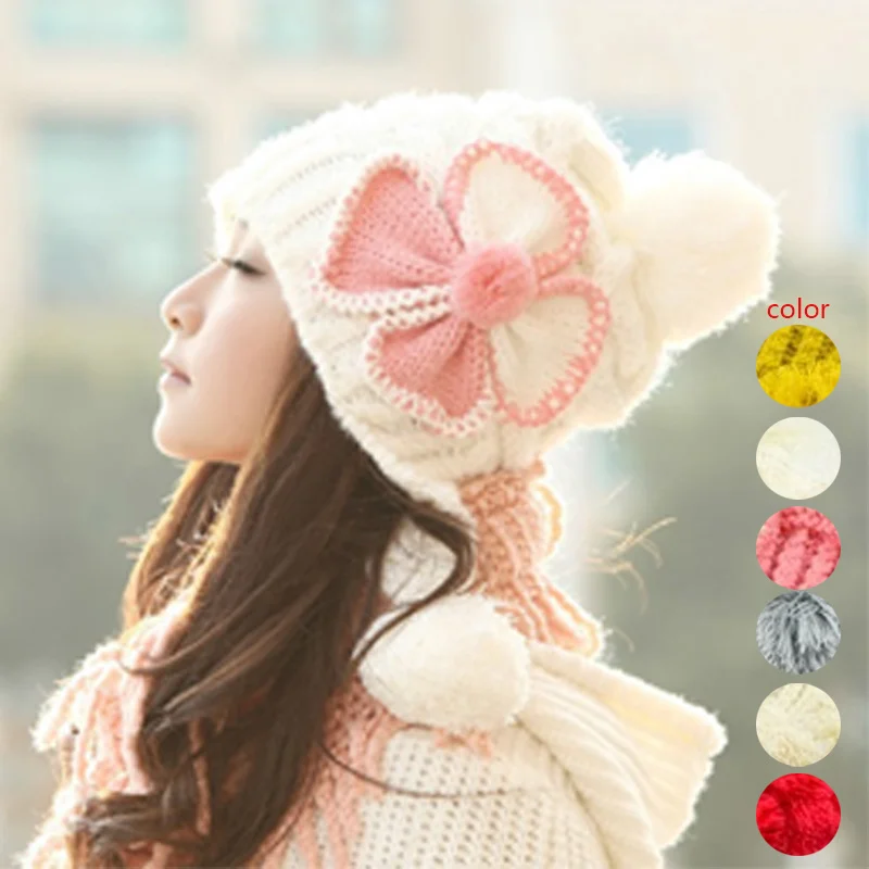 2016 Lovely Women Flower Knitted Cap Winter Warm Hat Earmuffs Cotton Bonnet Skullies Beanies Hats New