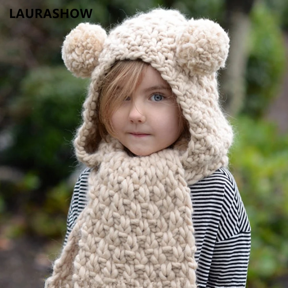 LAURASHOW Autumn Winter Child Baby Kids Warm Knit Beanie Wool Hat With Scarf Ear Soft