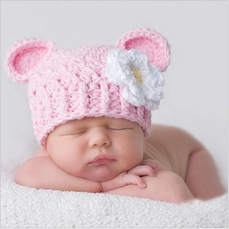 Pink hat for newborn girls imitate animal costume knitted infant winter helmet crochet woolen baby bonnet