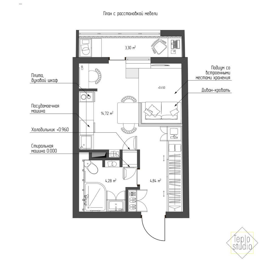 план студии 30 кв м с расстановкой мебели